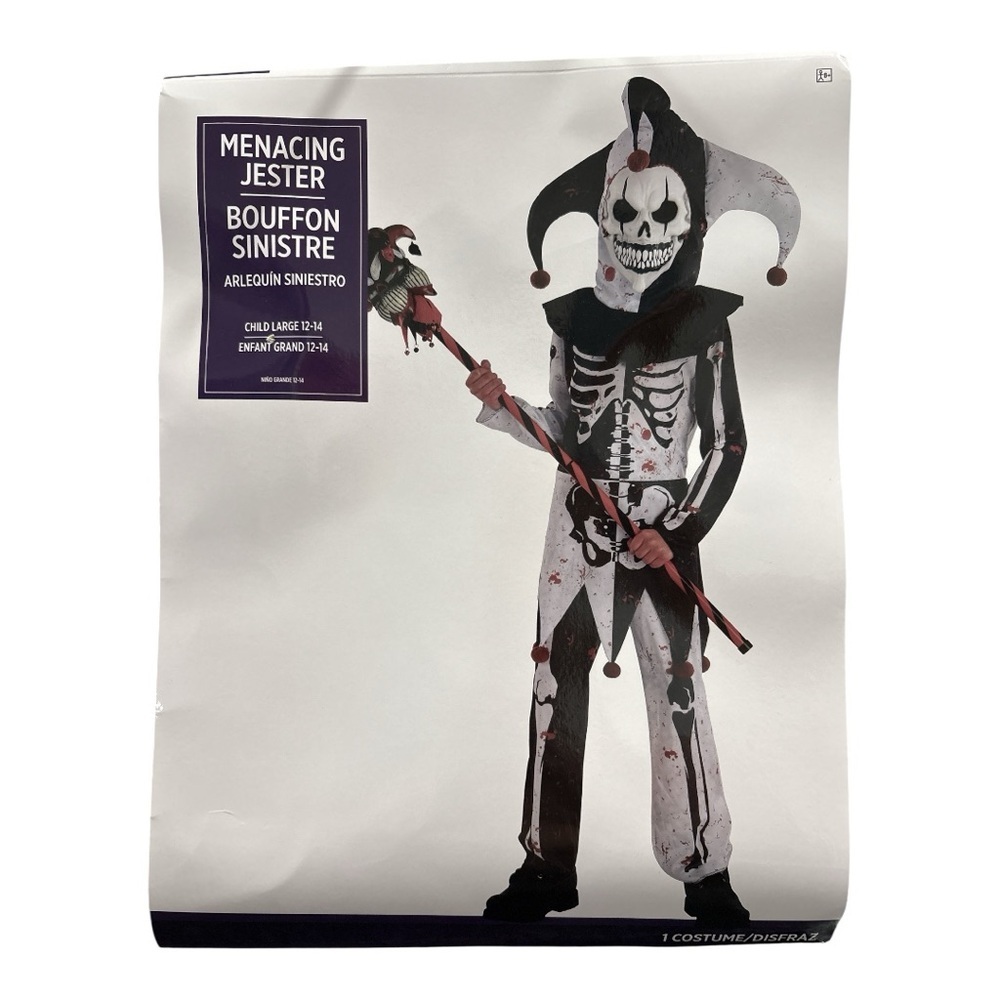NWT Menacing Jester Child Costume Halloween Carnival Skeleton Scary Large 12-14